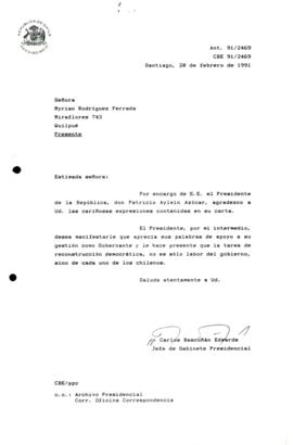 [Carta de respuesta  del Presidente, agradeciendo palabras de apoyo a su gestión  por parte de la ciudadana señora myrian Rodríguez Ferrada]