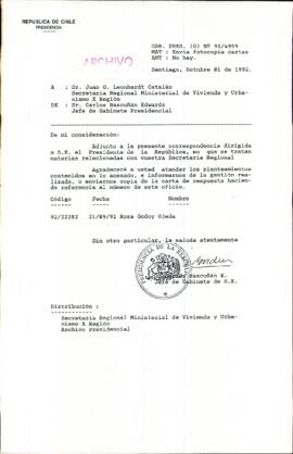 [Carta del Jefe de Gabinete de la Presidencia a SEREMI de Vivienda X Región]
