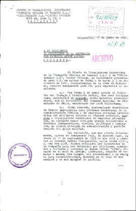 [Carta del Frente de Trabajadores Exonerados de la Compañía Chilena de Tabacos S.A.]