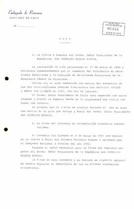[Documento de la Embajada de Rumania en Chile, mediante el cual aborda la visita del Presidente Patricio Aylwin al país europeo]