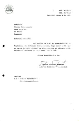 [Carta de respuesta del Jefe de Gabinete Presidencial sobre correspondencia remitida al Ministerio de Educación]