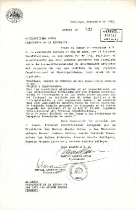 [Carta de Tribunal Constitucional de Chile sobre resolución de proyecto para ley Orgánica Constitucional de Municipalidades]