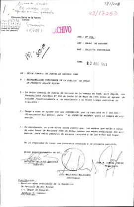 [Carta de Unión de Comuna de Junta de Vecinos de Tomé en que piden solicitud de subvención para e...
