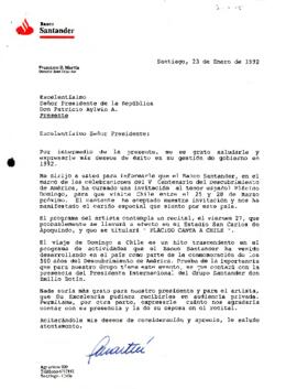 Carta de invitación a celebración del Banco Santander con motivo del V aniversario del descubrimi...