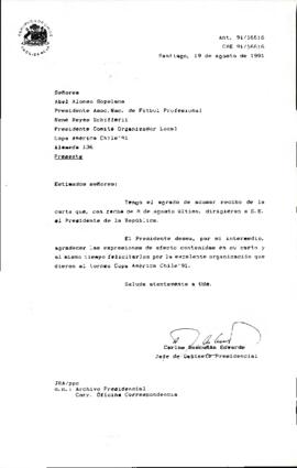 [Carta de respuesta al Sr. Abel Sopelana Presidente de Asoc. Nac. de fútbol felicitándolo por torneo]