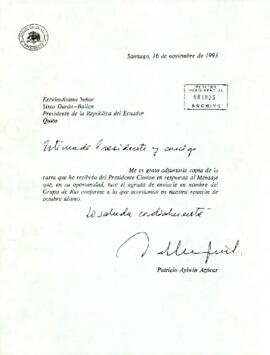 [Carta emitida por Presidente Aylwin dirigida a Presidente de Ecuador]