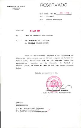 [Carta del Jefe de Gabinete Presidencial dirigida al Ministro del Interior sobre antecedentes resguardados por la Comisión de Verdad y Reconciliación]