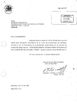 [Carta dirigida a Presidente Consejo de Defensa del Estado sobre recurso de protección de Asoc. Gremial de Pescadores San Vicente -Tacahuano]