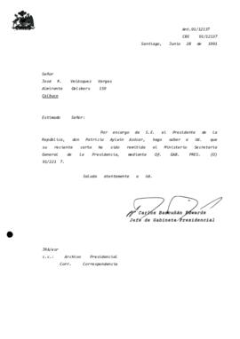 Carta remitida al Ministerio Secretaría General de la Presidencia, mediante Of. GAB. PRES. (O) 91/221 7.