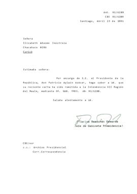Carta remitida a la Intendencia  VII Región del Maule