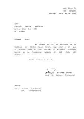 Carta remitida al Ministerio Secretaría General de la Presidencia, mediante Of. GAB. PRES. (O) 91/2345. Saluda