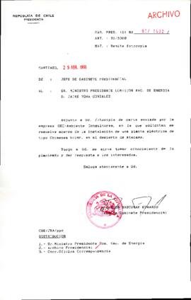 [Se remite fotocopia de correspondencia a Ministro Presidente Comisión Nac. de Energía Sr. Jaime Toha]