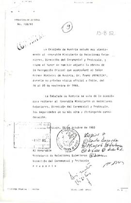 Carta con nómina de la delegación que acompaña al Primer Ministro de Austria, Dr. Franz Vranitzky.