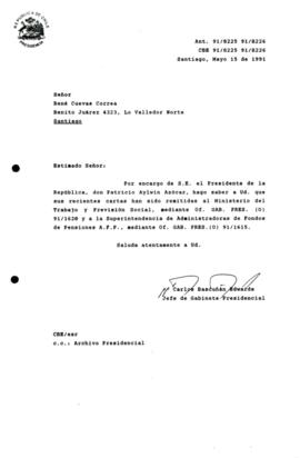 [Carta de respuesta por remisión de correspondencia enviada al Presidente, redirigiéndola  al  Ministerio del Trabajo y Previsión Social]