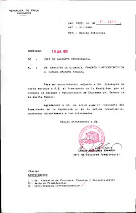 Se envía fotocopia de carta por el Comando de Defensa y Recuperación de Empresas del Estado de la Quinta Región.