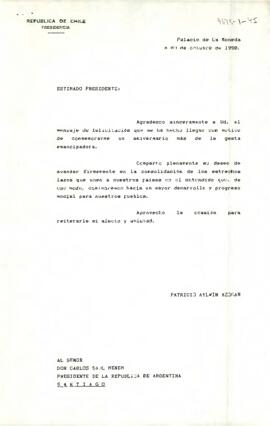 [Carta del Presidente Patricio Aylwin al Presidente de Argentina, Carlos Menem]