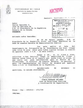 [Carta recibida de la Jefa de Relaciones Públicas y Coordinación de Capacitación del Instituto de Ciencia Política de la Universidad de Chile dirigida al Jefe de Gabinete Presidencial]