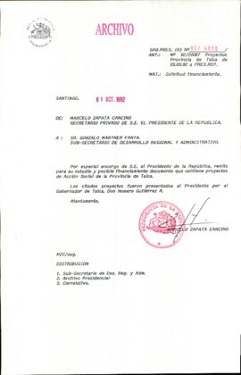 [Carta del Secretario Privado del Presidente de la República a Subsecretario de Desarrollo Regional y Administrativo]