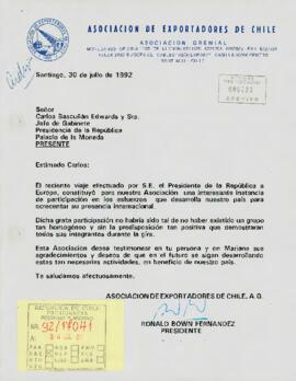 [Carta de agradecimiento de Asociación de Exportadores de Chile por viaje a Europa]