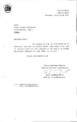 [Carta de respuesta dirigida al Sr. Jorge Salazar remitiendo su carta a Ministerio de Bienes Nacionales]