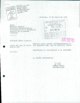 [Envío de recibo de AIC Chile dirigido a la Dirección Administrativa de la Presidencia de la República]