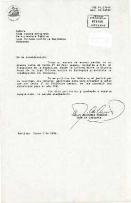 [Acusa recibo de carta con fecha 27 de Mayo, dirigida a S.E. el Presidente de la República, donde le informa sobre la Colecta Anual de la Liga Chilena contra la Epilepsia]