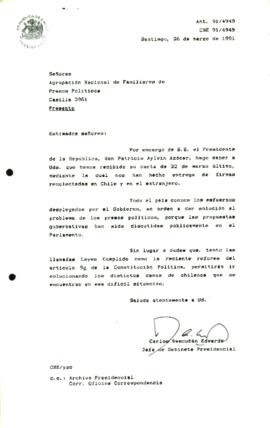 [Carta de respuesta acusando recibo de  las firmas recolectadas en Chile y el extranjero con motivo de dar solución a la situación de los presos políticos]