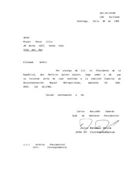 [Informa que carta fue remitida a la Comisión Especial de Descontaminación Región Metropolitana, mediante Ot. GAB. PRES. (0) 91/2706]