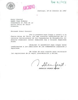 [Carta del Presidente Patricio Aylwin a Comandante en Jefe de la Fuerza Aérea de Chile]