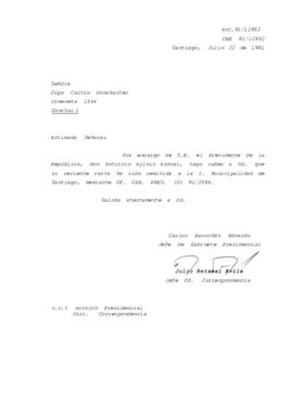 Carta remitida a la I. Municipalidad de Santiago