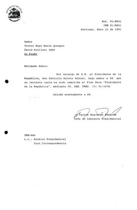 Carta remitida al Plan Beca "Presidente de la República", mediante Of. G A B . P R E S . (O) 91/1674.