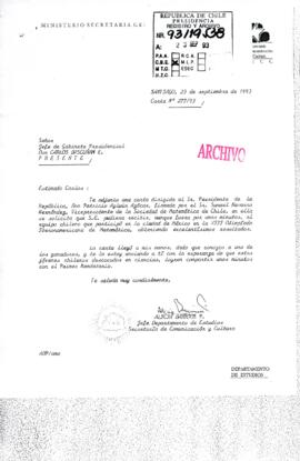 [Carta del Jefe de Departamento de Estudios de la Secretaria de Comunicación y  Cultura dirigida al Jefe de Gabinete Presidencial, sobre solicitud del Vicepresidente de La Sociedad de Matemática de Chile]
