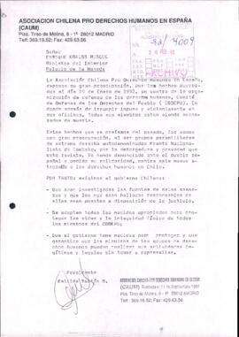 [Carta de la Asociación Chilena Pro Derechos Humanos en España dirigida al Ministro del Interior, Sr. Enrique Krauss]