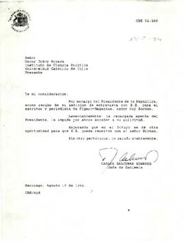 [Carta de respuesta a solicitud de entrevista del Director del Instituto de Ciencia Política de la Universidad Católica de Chile]