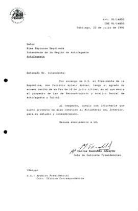 [Carta acusando recibo  del  proyecto de Ley de Reconstrucción y Auxilio Social de Antofagasta y Taltal]
