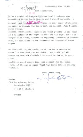 [Carta de miembro de Amnistía Internacional dirigida al Presidente Patricio Aylwin, referente a caso de pena de muerte a Juan Salvo Zuñiga]