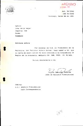 Carta remitida a la Intendencia IX Región de la Araucania, mediante Of. GAB. PRES. (0) 91/431.