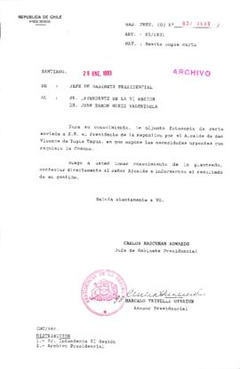 [Oficio del Gabinete Presidencial dirigido al Intendente de la VI Región referente a carta del Alcalde de San Vicente de Tagua Tagua en la cual expone problemas de la comuna]