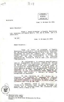 [Carta del Ministro del Relaciones Exteriores de Perú dirigida a su símil de Chile, mediante la cual se aborda la existencia del monumento "Cristo de la Concordia"]