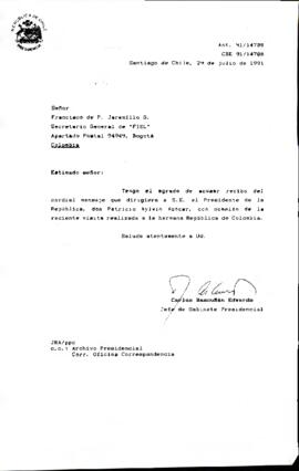 [Carta de respuesta dirigida al Sr. Francisco Jaramilo agradeciendo mensaje de bienvenida]
