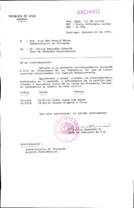 [Carta del Jefe de Gabinete de la Presidencia a Subsecretario de Vivienda]