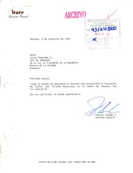 [Carta del Gerente General de ICARE dirigida al Jefe de Gabinete Presidencial, mediante la cual adjunta el discurso del Presidente del Instituto Chileno de Administración Racional de Empresas]