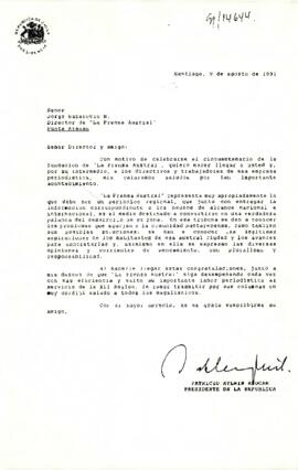 [Carta del Presidente Aylwin al Director de "La Prensa Austral", enviado felicitaciones por el cincuentenario del diario].