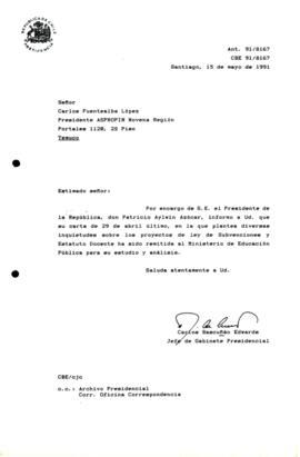 [Carta de respuesta por remisión de correspondencia enviada al Presidente, redirigiéndola al Ministerio de Educación Pública]