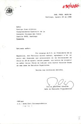 [Carta de agradecimiento por envío del discurso pronunciado por el Vicepresidente Ejecutivo de la Comisión Chilena del Cobre en la Universidad de Chile].
