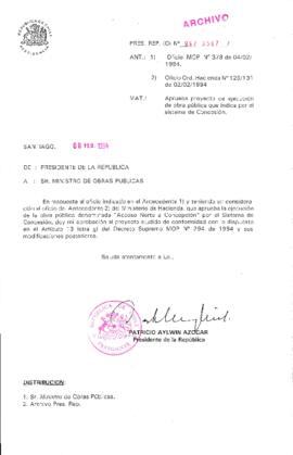 [Oficio Ord. N° 597 de Presidente de la República, aprueba proyecto de ejecución de obra pública que indica]