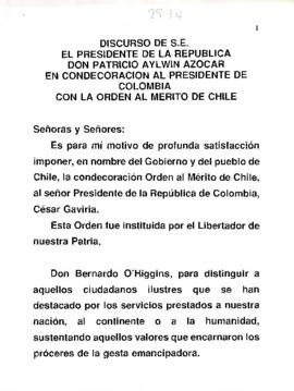 [Discurso del Presidente Patricio Aylwin en condecoración al Presidente de Colombia, César Gaviria]