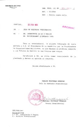 [Oficio del Gabinete Presidencial dirigido al Intendente de la X Región, referente a carta de la Coordinadora de Organizaciones Huilliches]