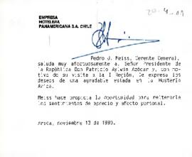 [Carta de Pedro J. Meiss, Gerente General de Empresa Hotelera Panamericana S.A Chile].