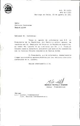 [Carta de respuesta enviada al Sr. Patricio Contreras acusando recibo de libreto leído frente a la comunidad chilena en Buenos Aires]